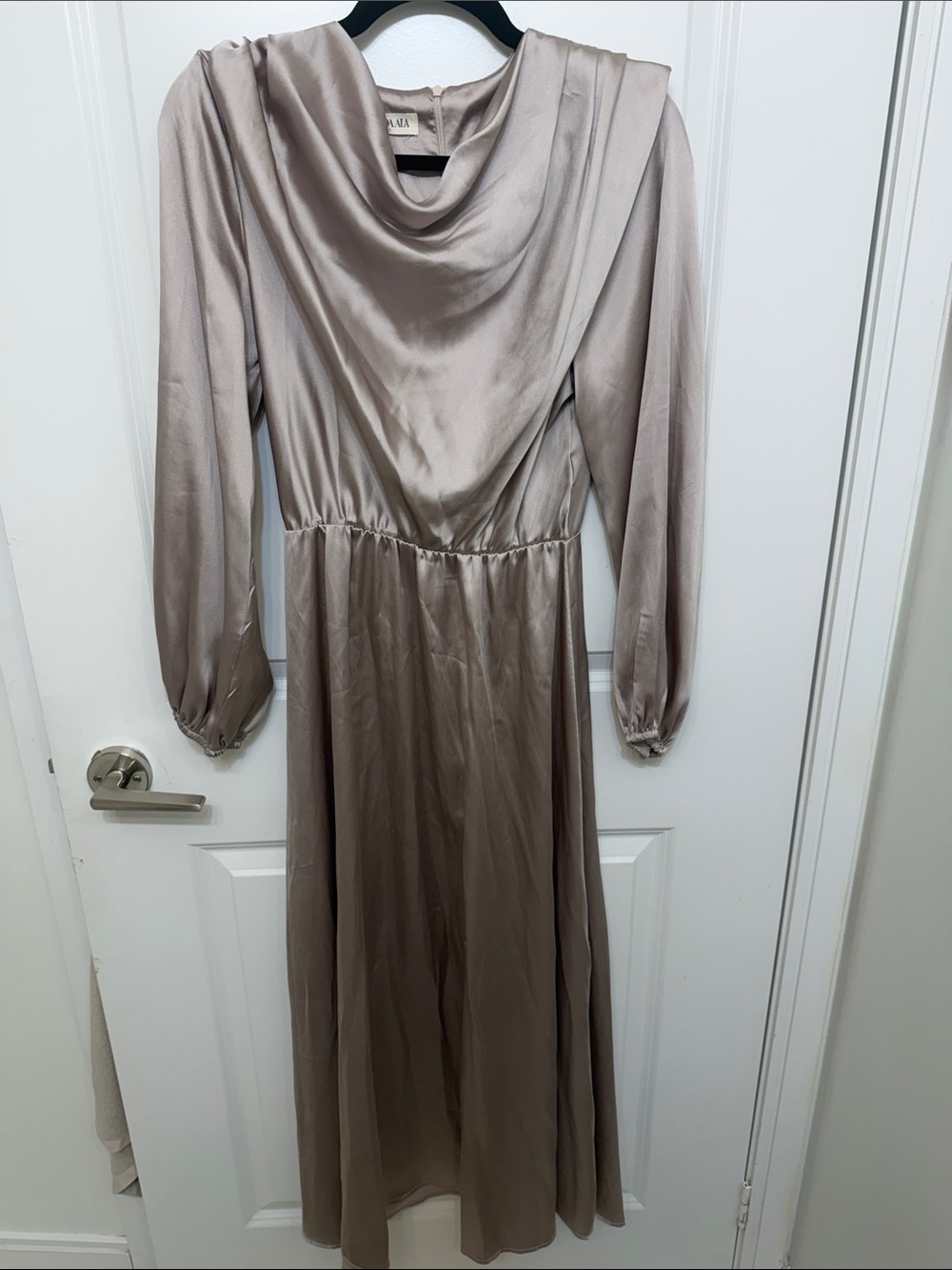 Elegant Satin Long-Sleeve Dress in Taupe